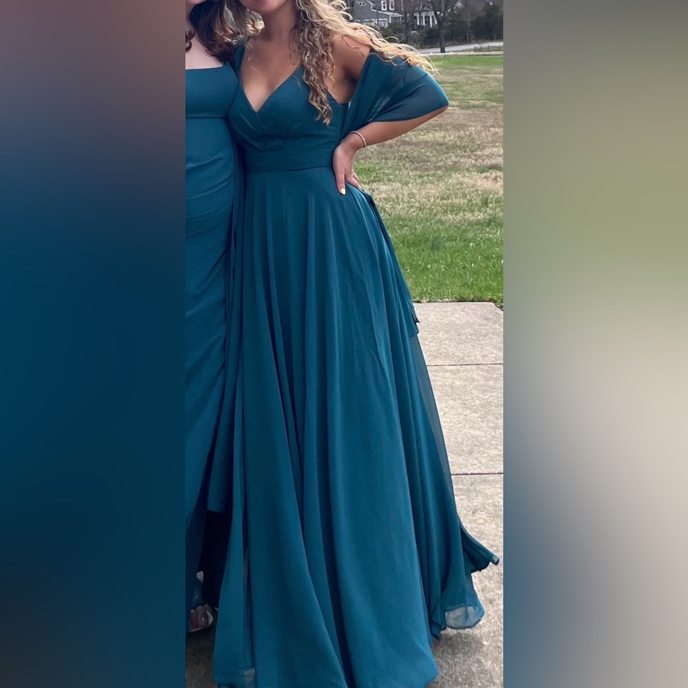 Teal A-Line V-Neck Pleated Chiffon Dress